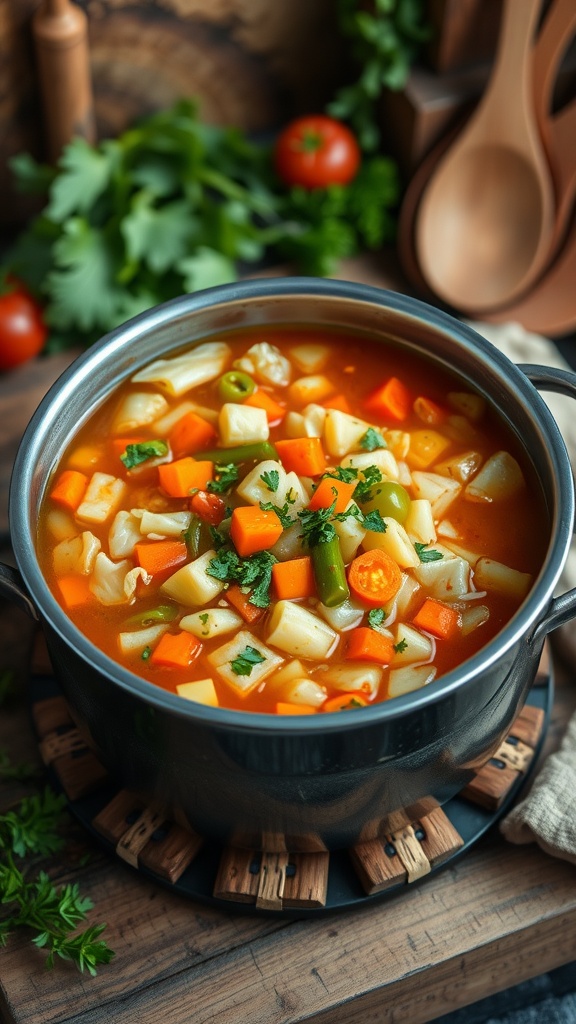 7-Day Cabbage Soup Diet Recipe A pot of colorful cabbage soup with carrots, green peppers, and tomatoes, set in a rustic kitchen.